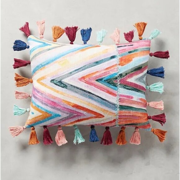 ANTHROPOLOGIE Decorative Pillow Multi-Colored Striped With Tassels - Picture 1 of 7